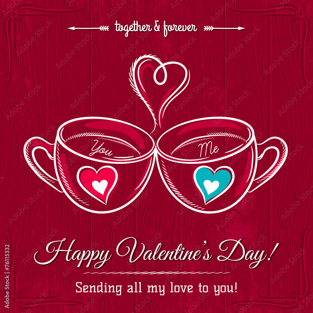 Naklejka premium red valentine card with two cup of hot drink and wishes text, v