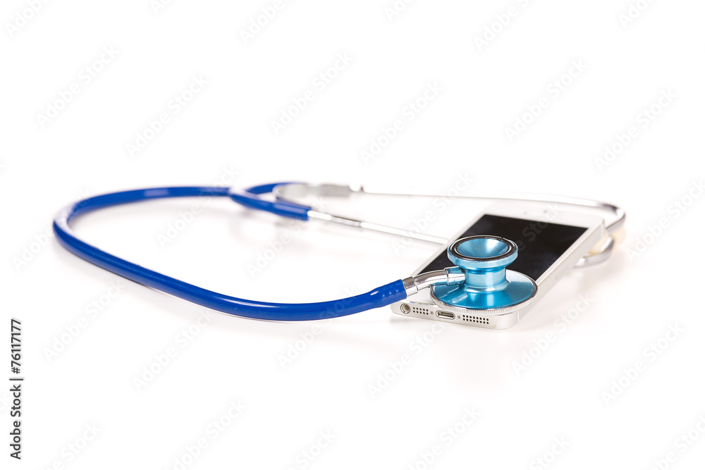 Mobile phone with stethoscope isolated on white background. Mobile phone with stethoscope isolated on white background.