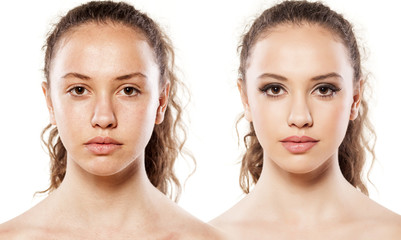 Comparison portrait of a woman without and with makeup