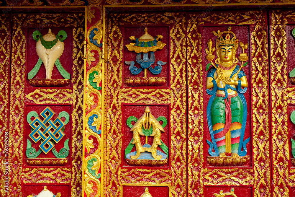 Buddhist ornament colorful door near stupa Boudhanath