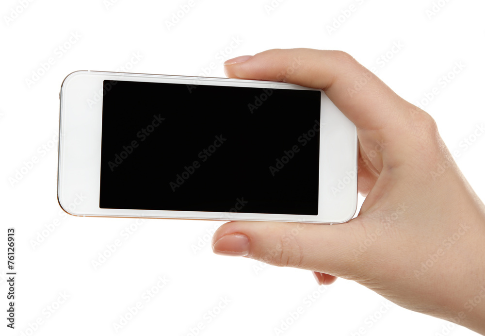 Hand holding mobile smart phone isolated on white Hand holding mobile smart phone isolated on white
