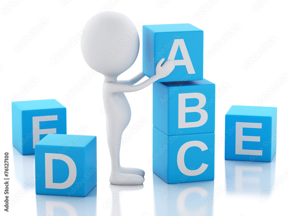 3d white people with ABC cubes on white background. 3d white people with ABC cubes on white background.