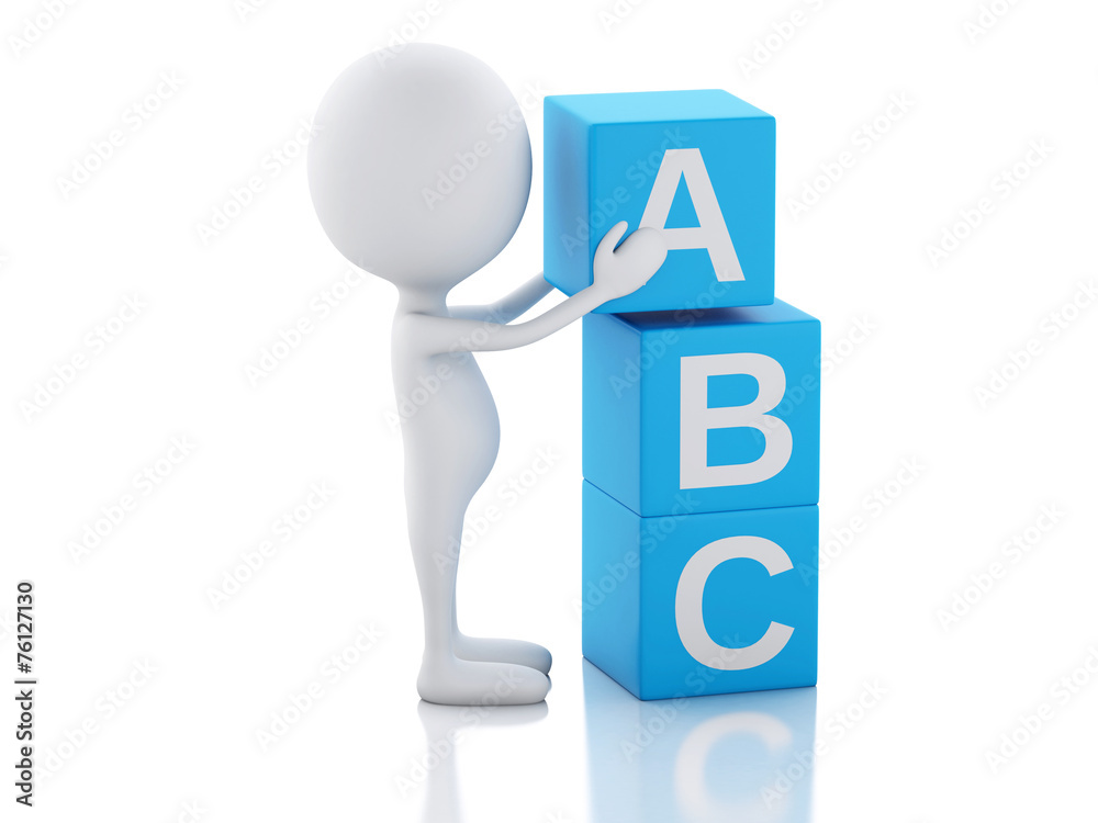 3d white people with ABC cubes on white background. 3d white people with ABC cubes on white background.