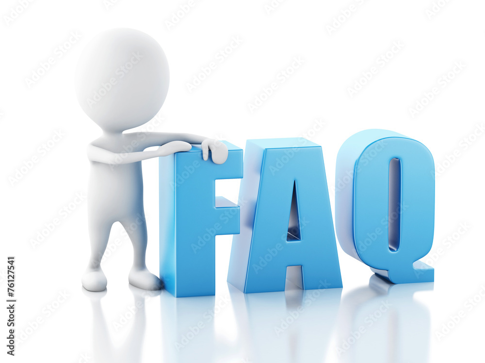 3d white person standing next to FAQ on white background 3d white person standing next to FAQ on white background