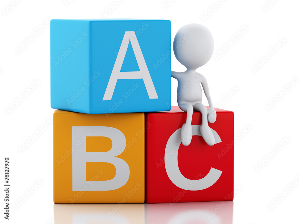3d white people with ABC cubes on white background. 3d white people with ABC cubes on white background.