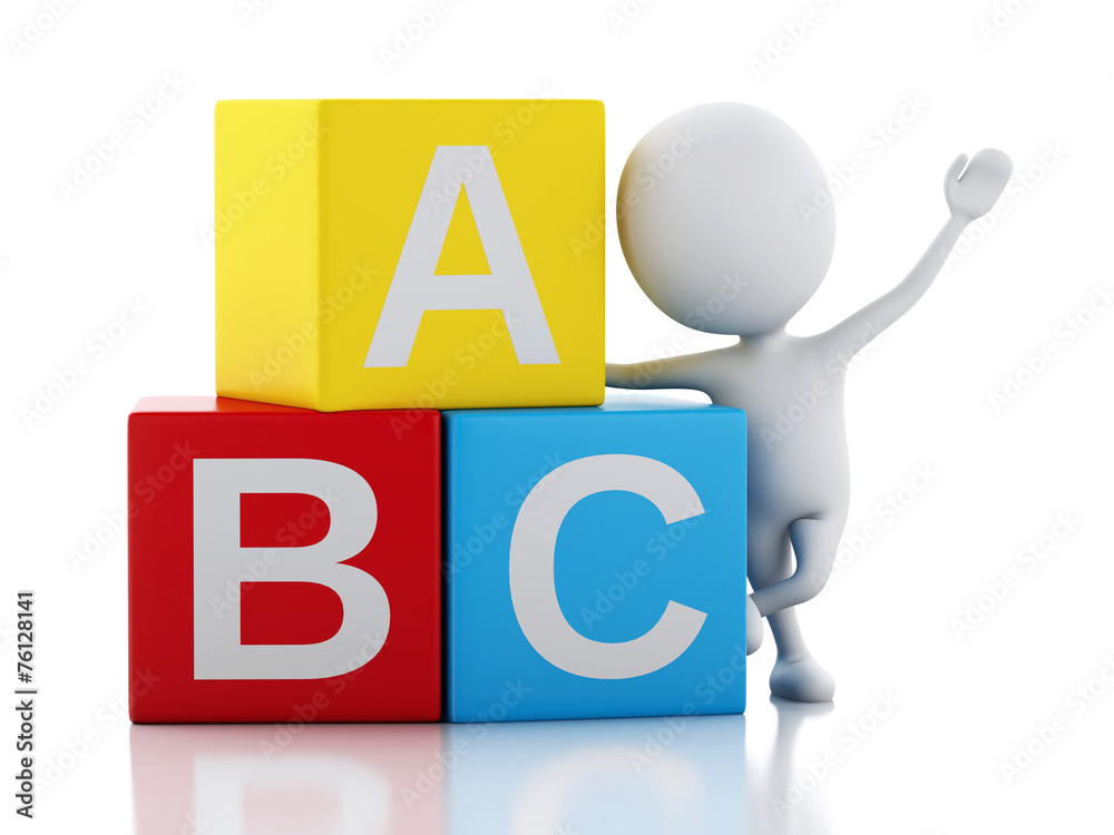 3d white people with ABC cubes on white background. 3d white people with ABC cubes on white background.