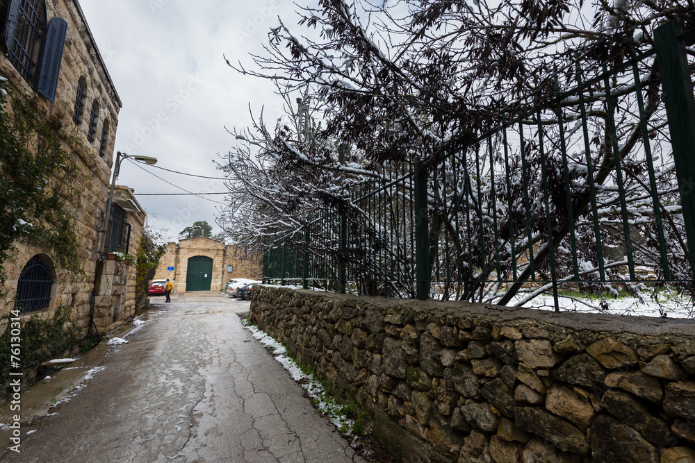 Jerusalem street in snow.