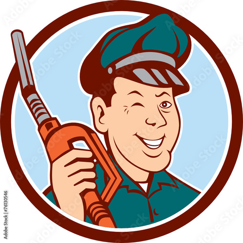 Gas Attendant Nozzle Winking Circle Cartoon