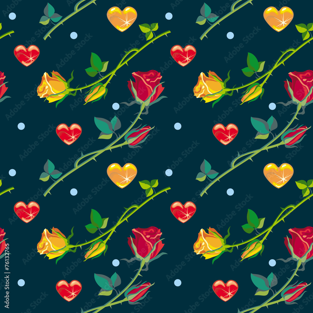 Fototapeta premium Seamless pattern with roses and hearts on a dark background