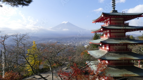 Image of the sacred mountain of Fuji in the background of blue s
