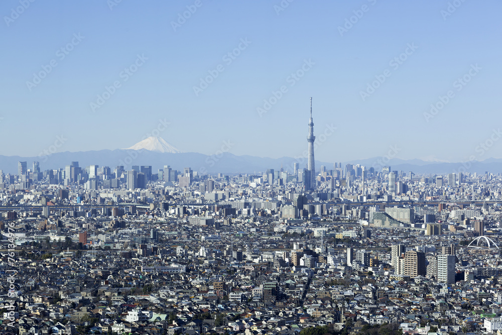 富士山と東京スカイツリーと東京都心全景 2015年1月