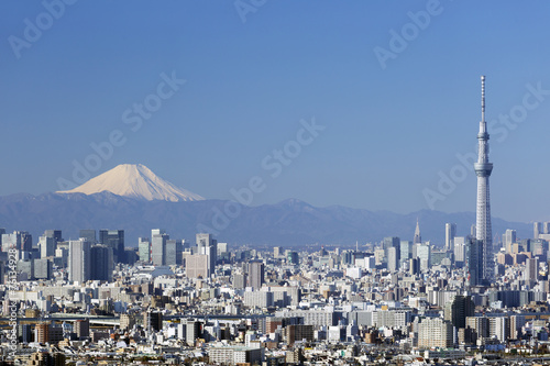 東京スカイツリーと富士山と東京都心全景（新宿・丸の内を望む）2015年1月