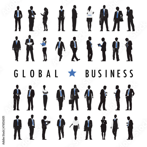 Silhouettes of Business People and Global Business Text