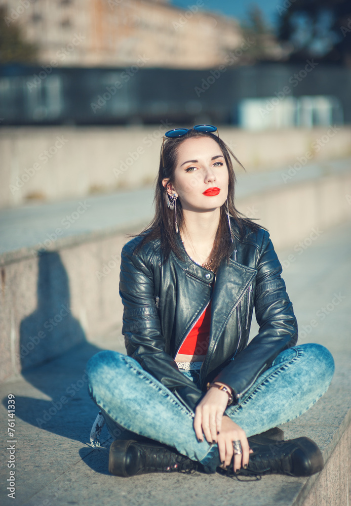 Young fashion beautiful girl in leather jacket outdoor Young fashion beautiful girl in leather jacket outdoor