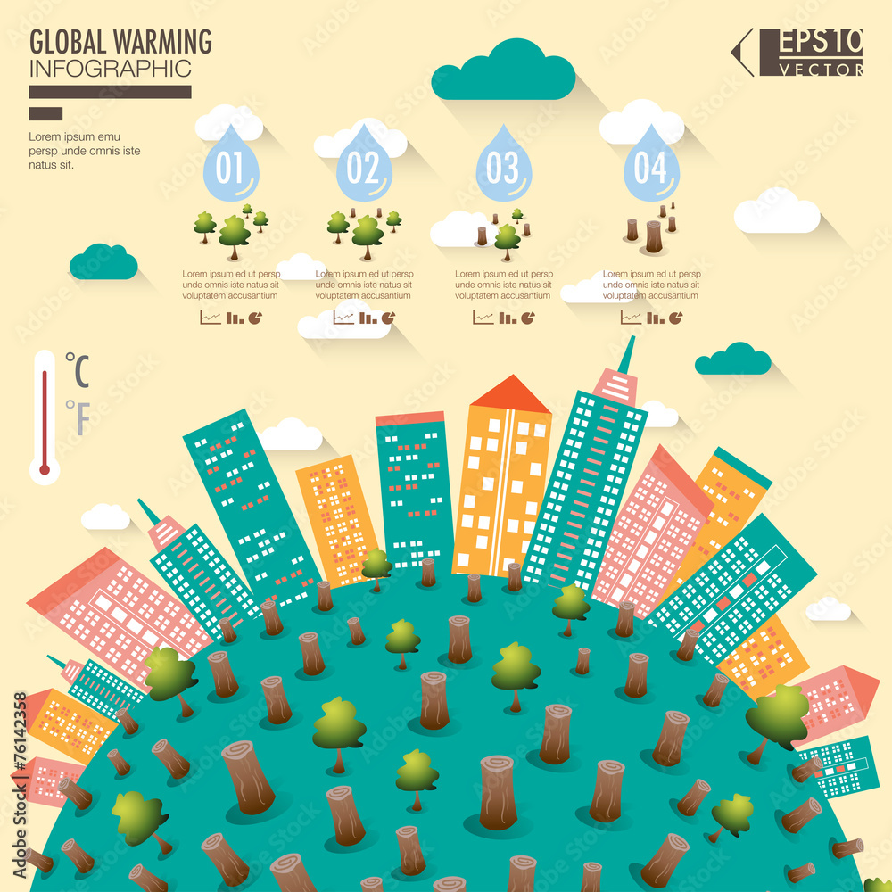 Global warming with cityscape illustration infographic elements