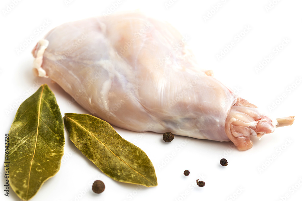 Some pieces of raw rabbit meat with vegetables and spices Some pieces of raw rabbit meat with vegetables and spices