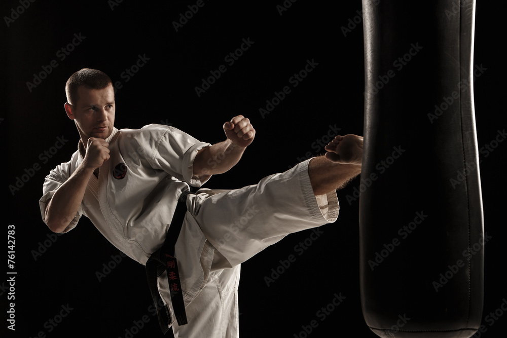 Karate round kick in a punching bag Photos | Adobe Stock