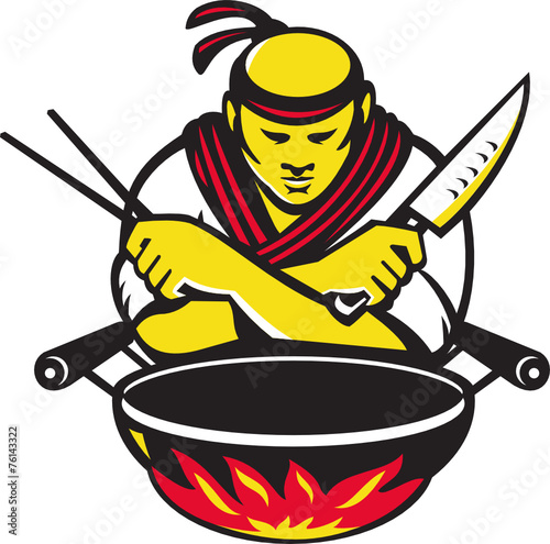 Japanese Cook Chef With Knife Wok