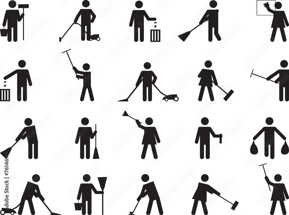 Obraz premium Pictogram people cleaning illustrated on white
