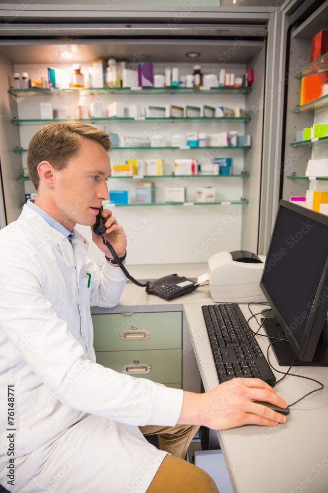 Serious pharmacist on the phone using computer