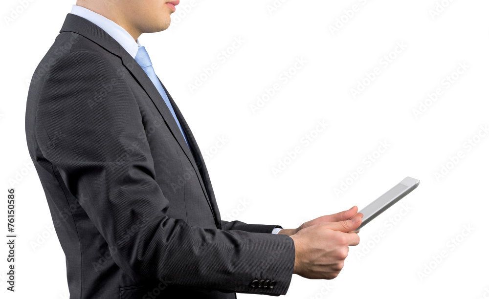 businessman holding touch pad