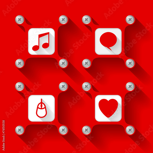 Four red  objects with screws and icons