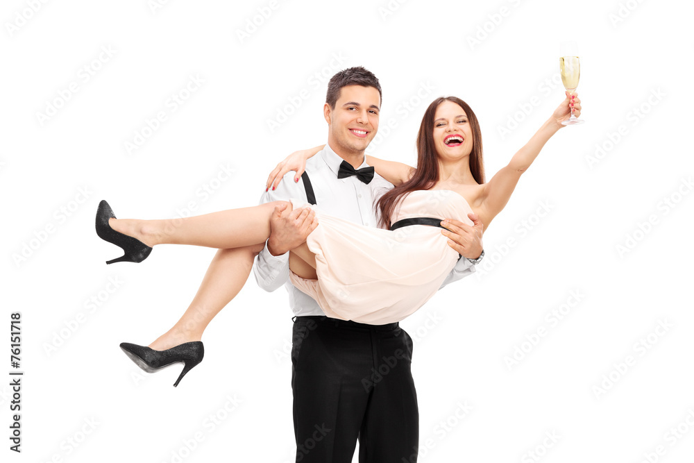 Young couple drinking champagne and having fun