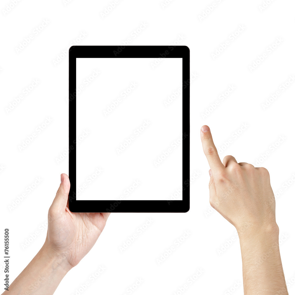 adult man hands using generic tablet pc with white screen adult man hands using generic tablet pc with white screen