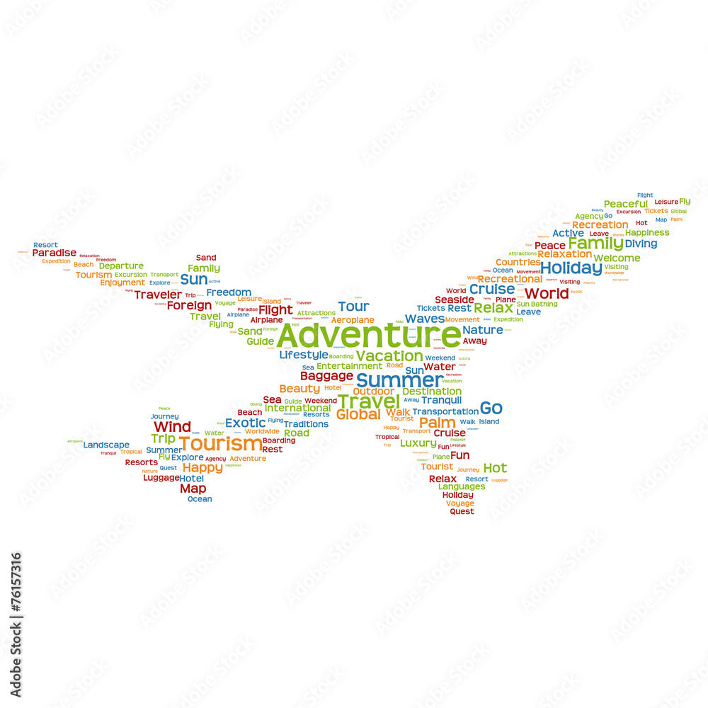 Conceptual adventure travel or tourism plane word cloud
