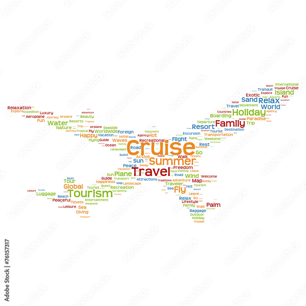 Conceptual cruise  travel or tourism plane word cloud