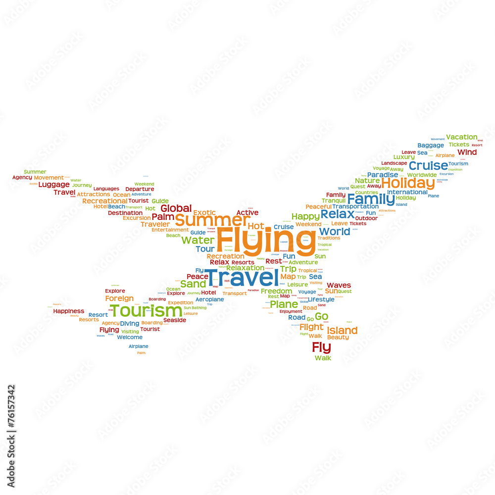 Conceptual flying  travel or tourism plane word cloud