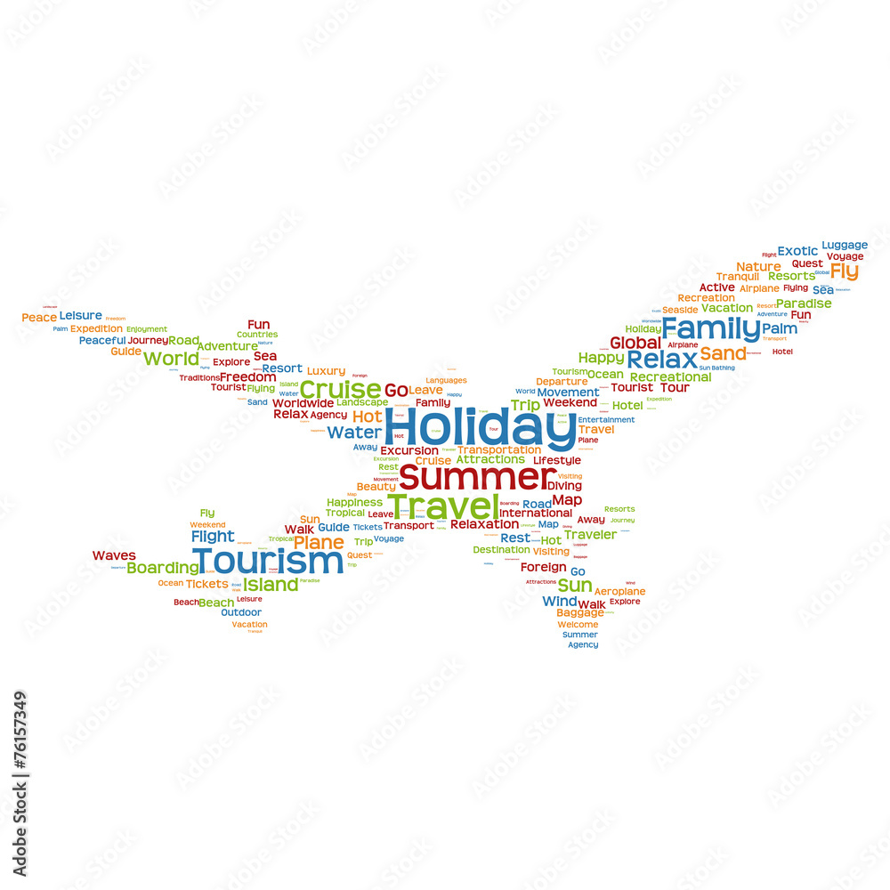 Conceptual holiday  travel or tourism plane word cloud