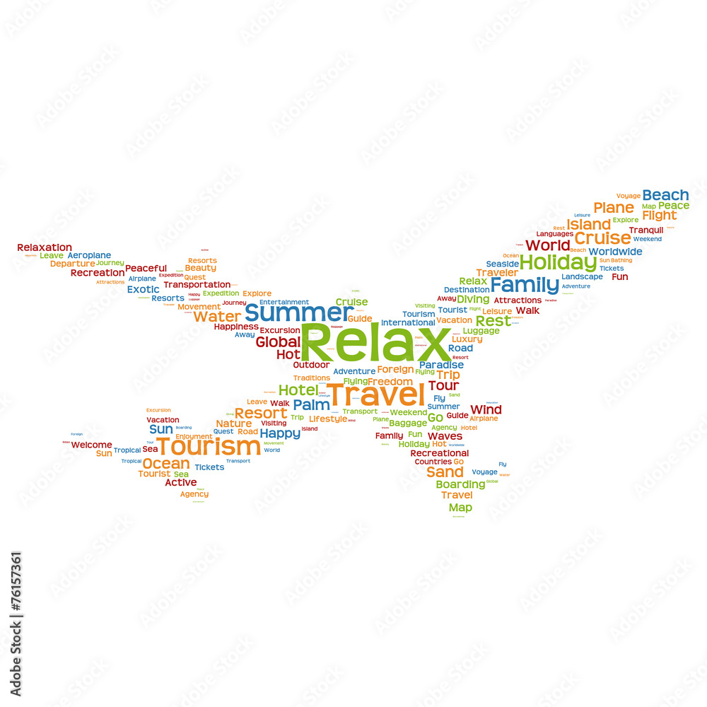 Conceptual relax  travel or tourism plane word cloud