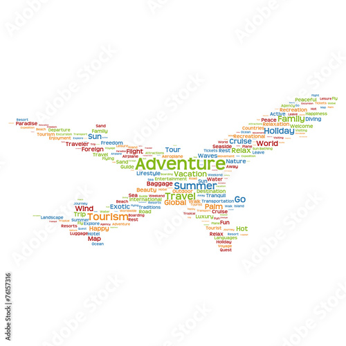 Conceptual adventure travel or tourism plane word cloud