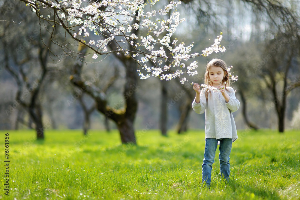 Adorable little girl in blooming cherry garden Adorable little girl in blooming cherry garden