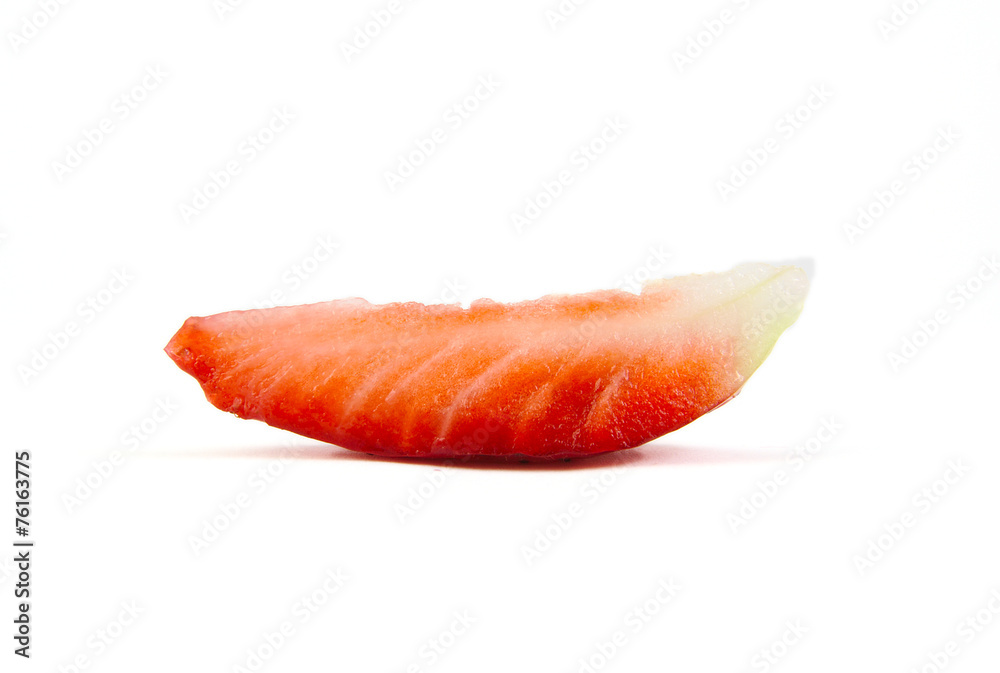 Slice of strawberry on white background