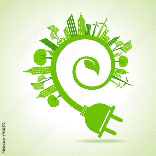 Ecology Concept - eco cityscape with leaf and electric plug