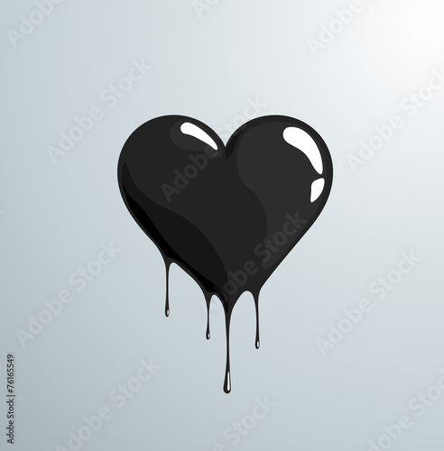 Black melting heart with reflection and drops.