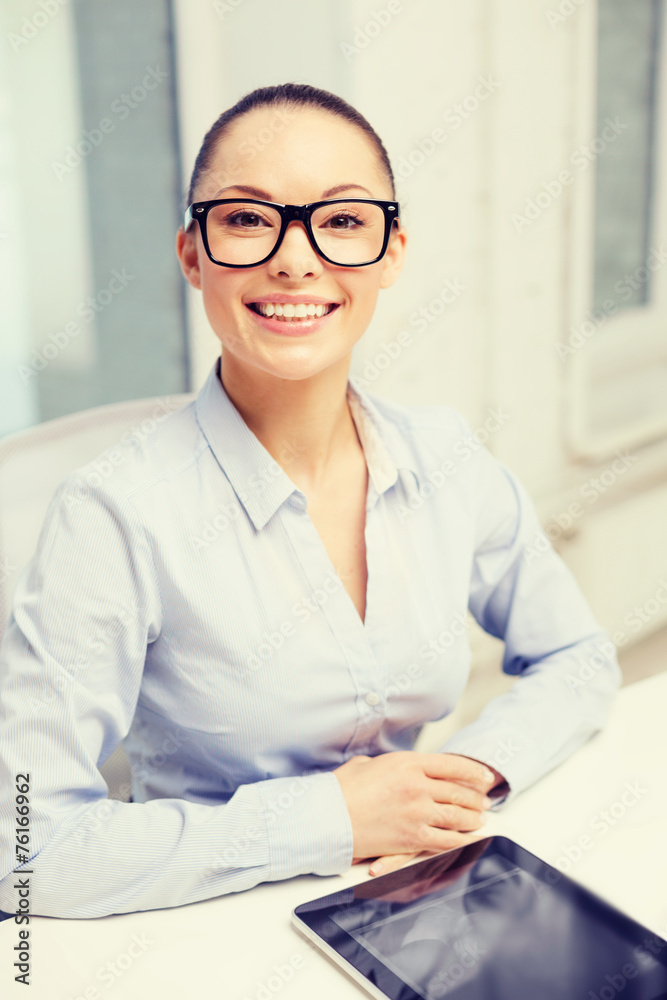 smiling businesswoman in eyeglasses with tablet pc smiling businesswoman in eyeglasses with tablet pc