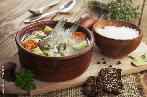 Homemade soup of river fish in the bowl