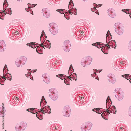watercolor pink flowers and butterfly pattern