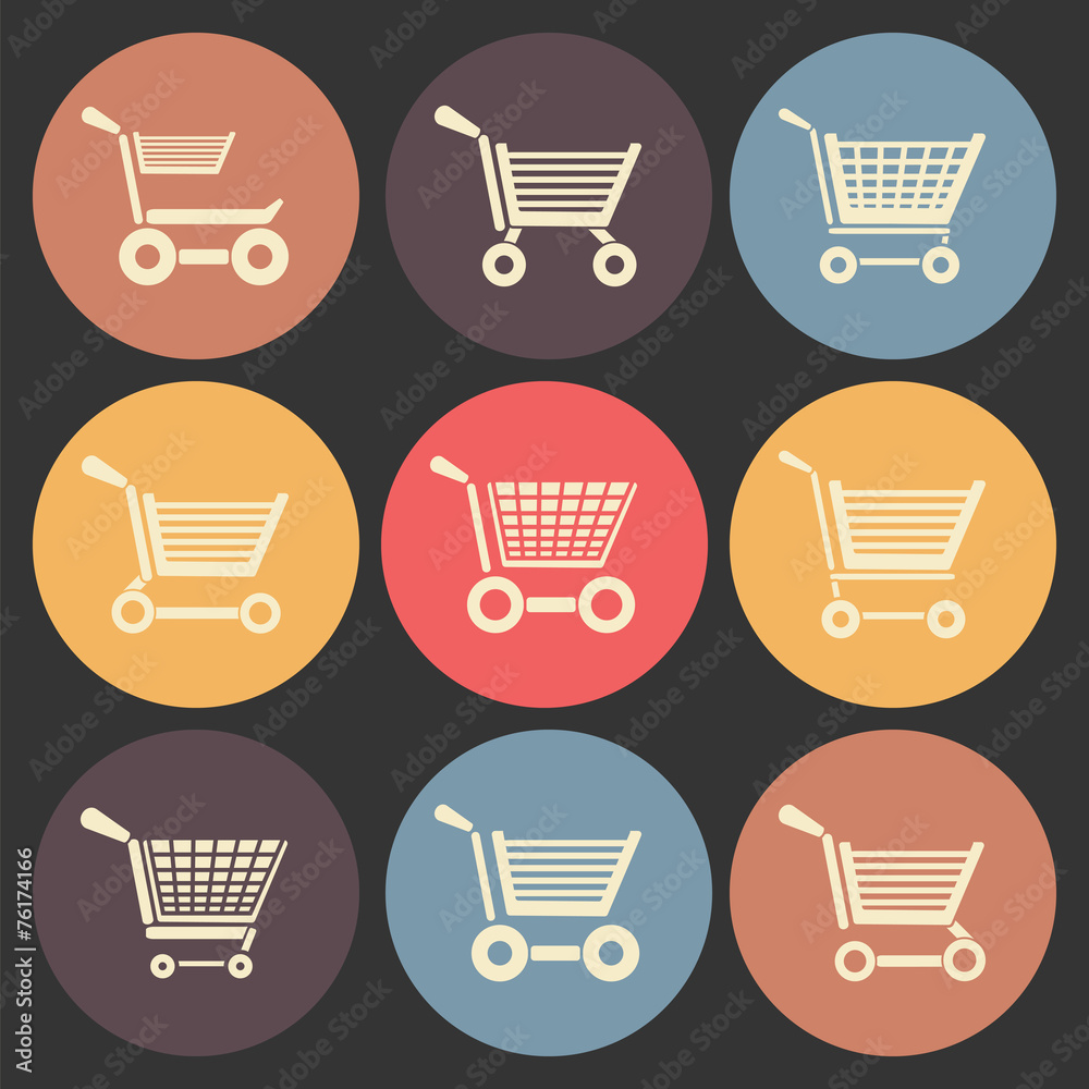 shoping cart flat icon set in color circles