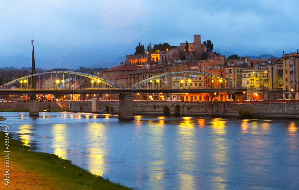 Evening view of Ebro  with bridge and Suda Castle in Tortosa