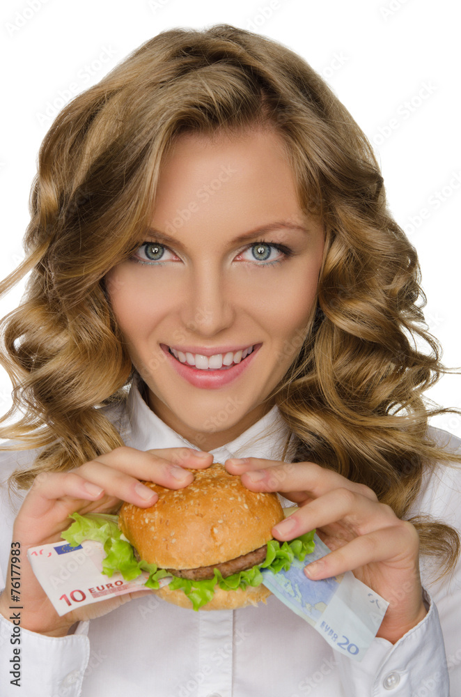 Young woman with hamburger from euro Young woman with hamburger from euro