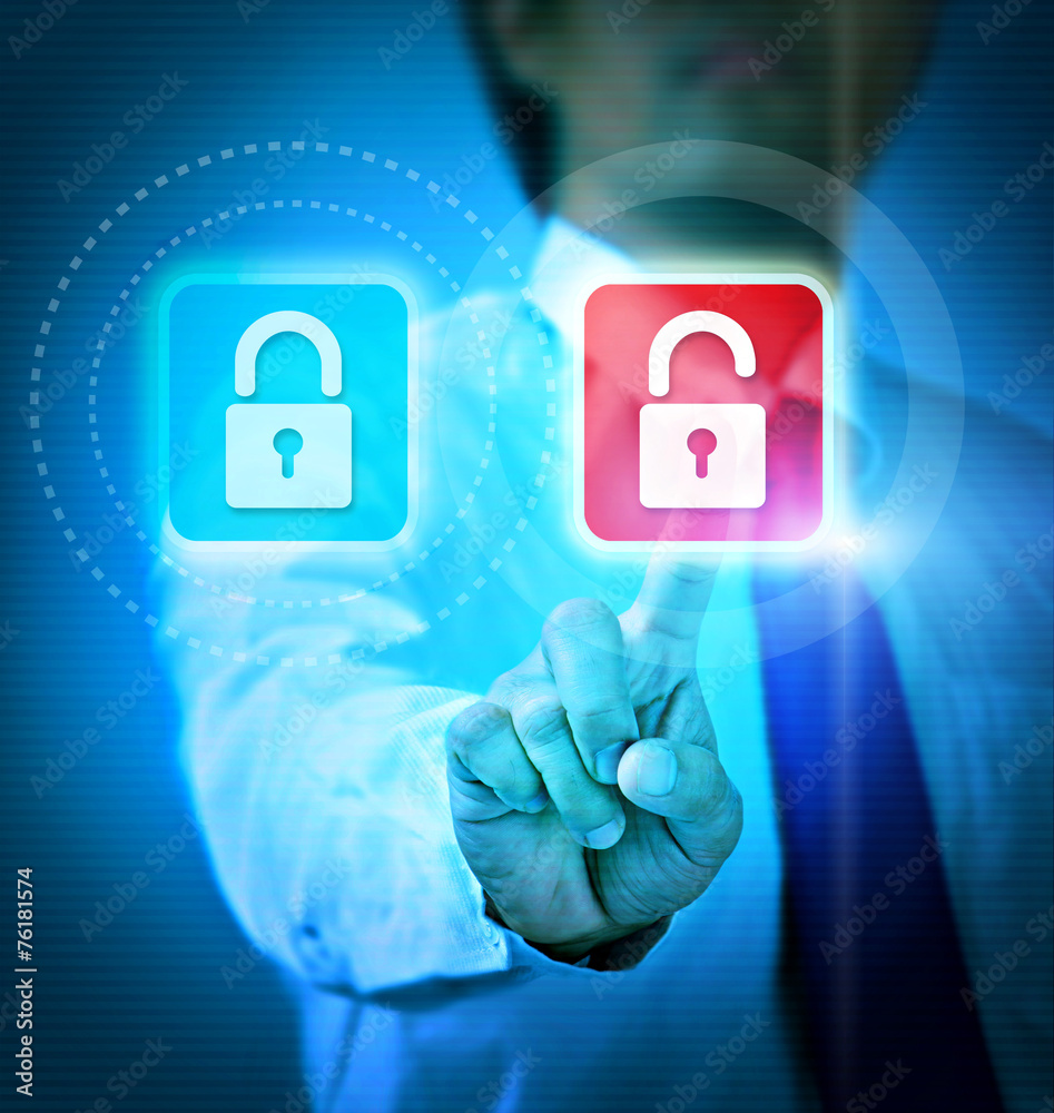 Hand pushing virtual security button on digital background Hand pushing virtual security button on digital background