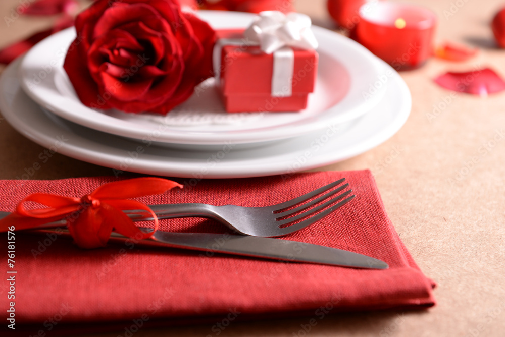 Festive table setting for Valentines Day on table background Festive table setting for Valentines Day on table background