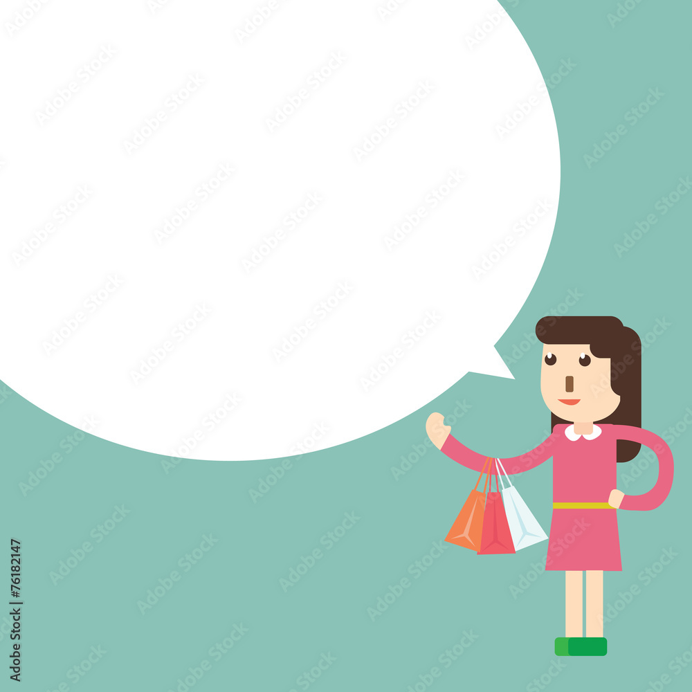 Shopping woman holding shopping bags with bubble speech Shopping woman holding shopping bags with bubble speech