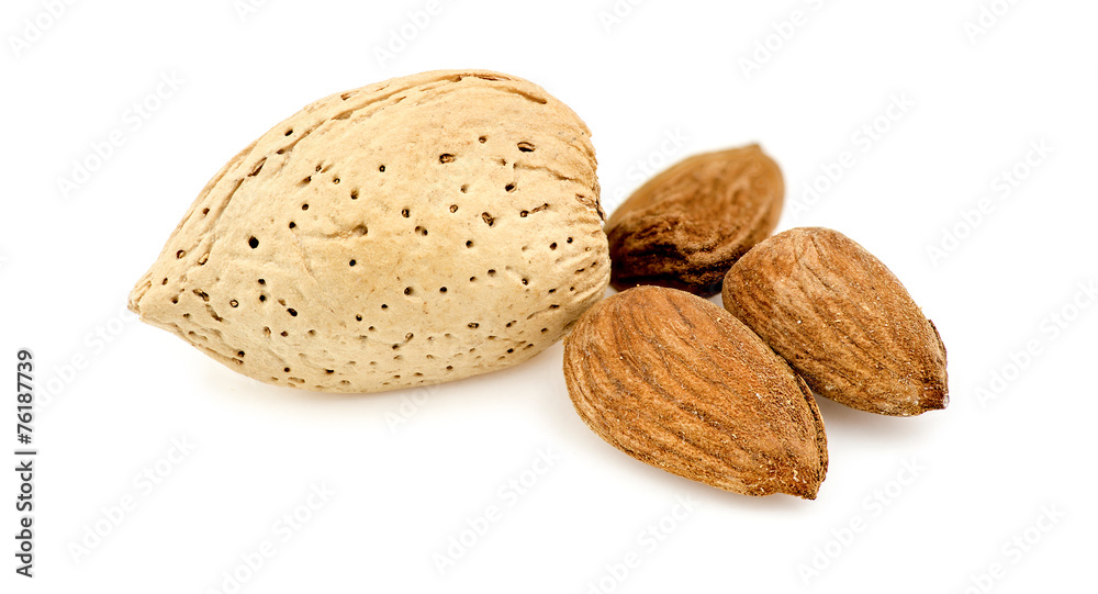 Almonds and shells isolated against white Almonds and shells isolated against white
