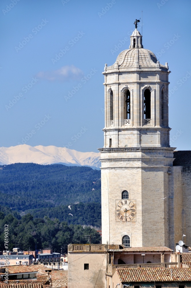 Aerial view of Church in Girona, Catalonia with mountain
