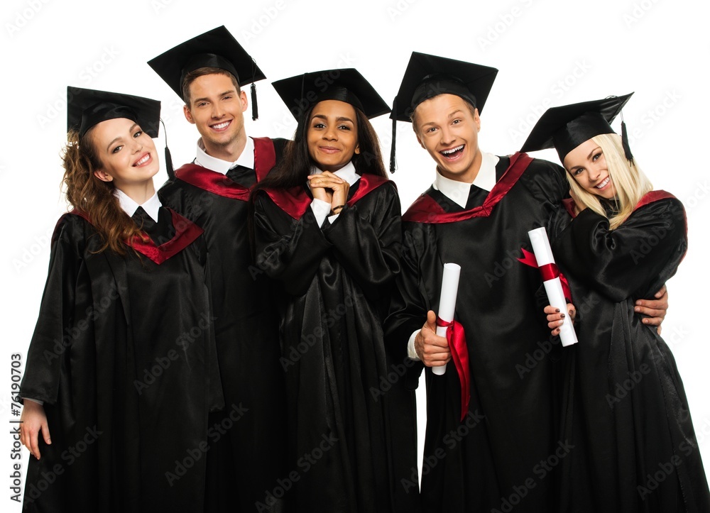 Multi ethnic group of graduated young students isolated on white Multi ethnic group of graduated young students isolated on white